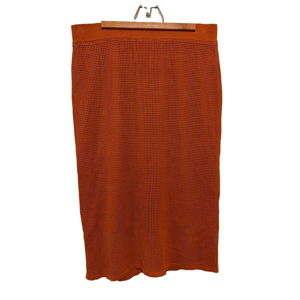 Calvin Klein Women's Orange Solid Knit Pull On Pencil Midi Skirt Stretch M